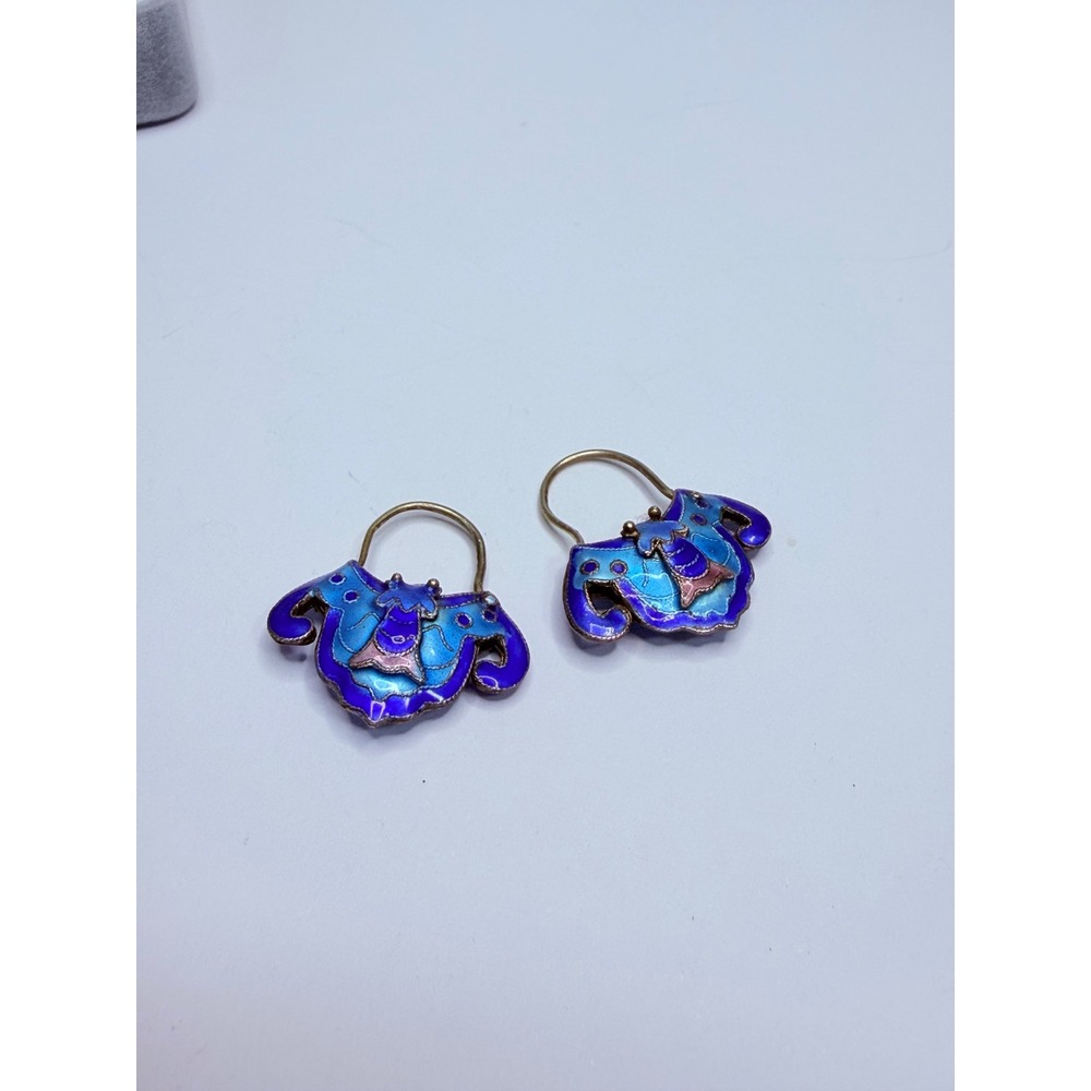 Vintage Sterling Silver Puffy Enamel Butterfly Hoop Earrings Blue Purple